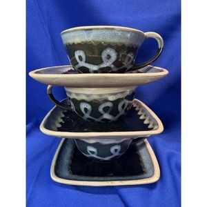 GLIDDEN Pottery Set of 3 Cups & Saucers VTG Sgraffito Loop Ric Rac High Tide